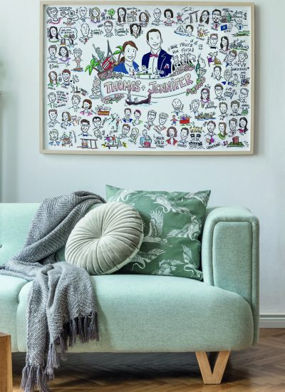 Cozy and creative composition of stylish living room interior design with mock up poster frame, green sofa, wooden furniture, plants and accessories. White walls, parquet floor. Template.